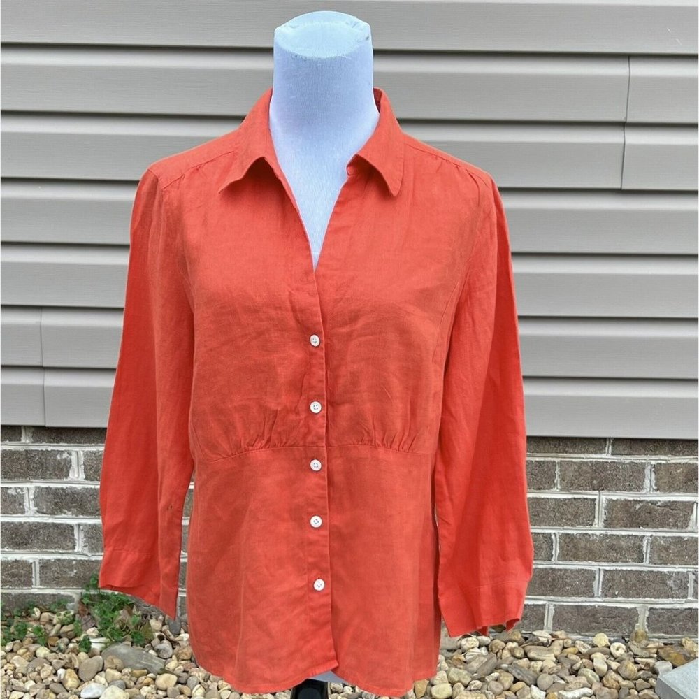 Talbots Petites Irish Linen Button Down 34 Sleeve Blouse Orange Size 14P